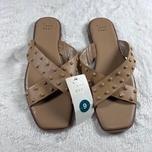 A New Day Tan Embellished Studded Crisscross Square Toe Slide Sandals Women's 9